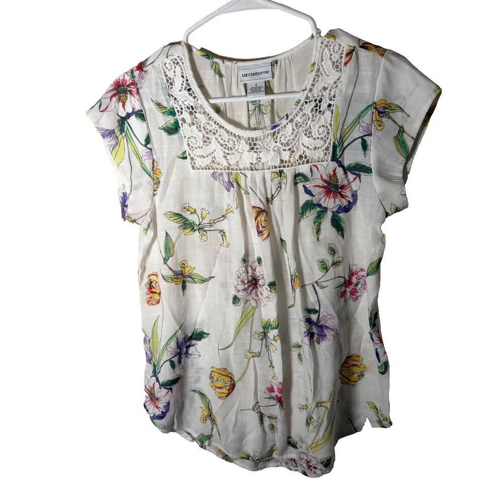 Liz Claiborne Blouse Women's Small Round Neck Lace Short Sleeve Top Casual